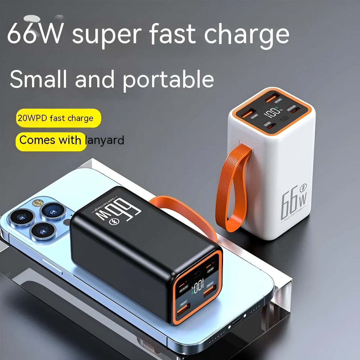 Black and white PD66W 20000mAh fast charge power bank with creative plastic design