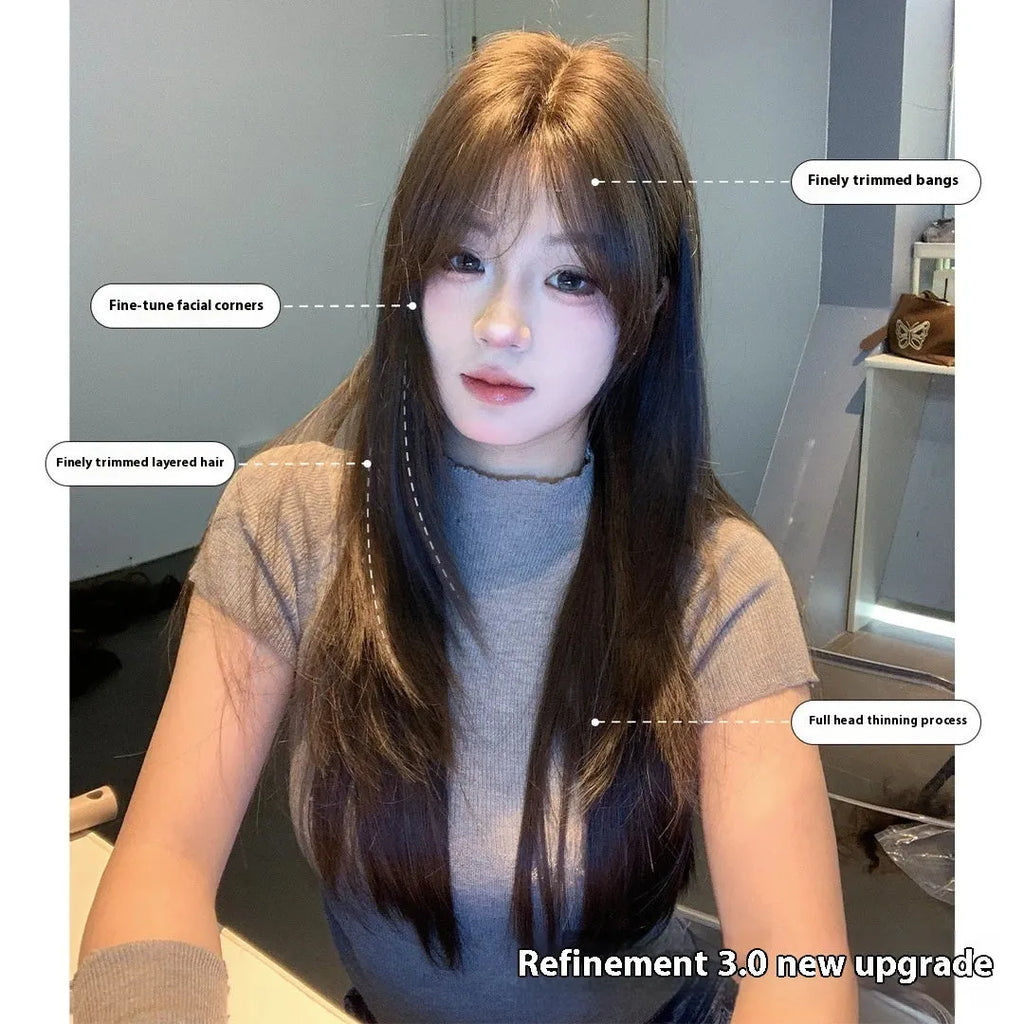 Cold brown long straight layered synthetic wig on a model, showing lace front detail.