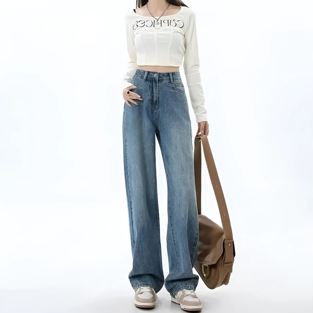 Women's retro blue wide leg high waist jeans with straight cut and spandex denim