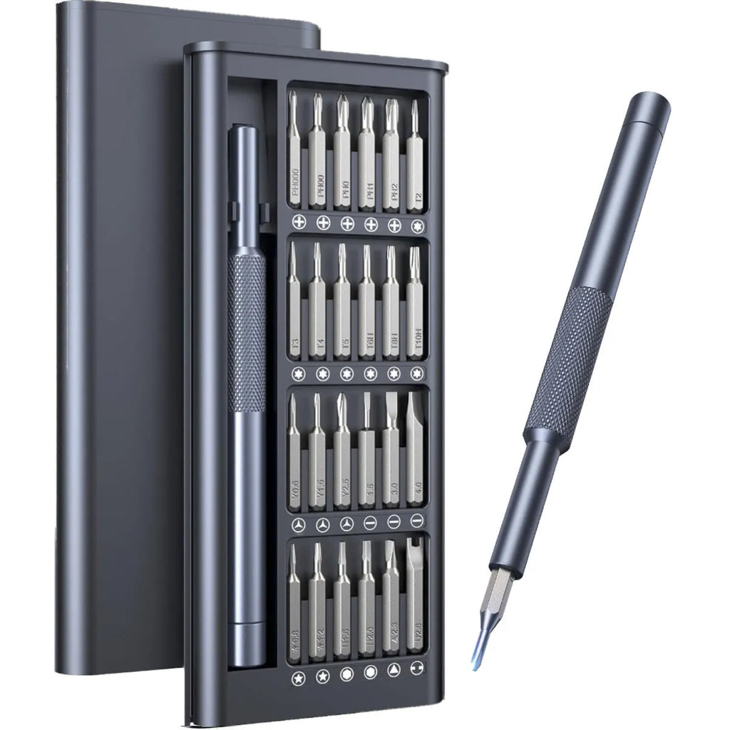 Compact 25-in-one magnetic screwdriver set with knurled handle and bits stored inside.