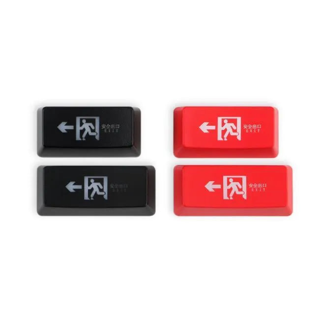 Transparent mechanical keyboard key cap with red safety evacuation exit symbol for backspace key.