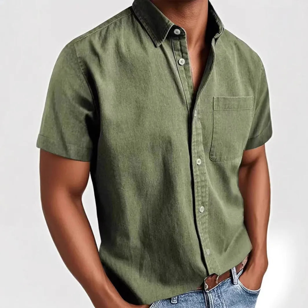Men's loose fit short sleeve casual shirt in a cardigan style, shown in multiple colours.