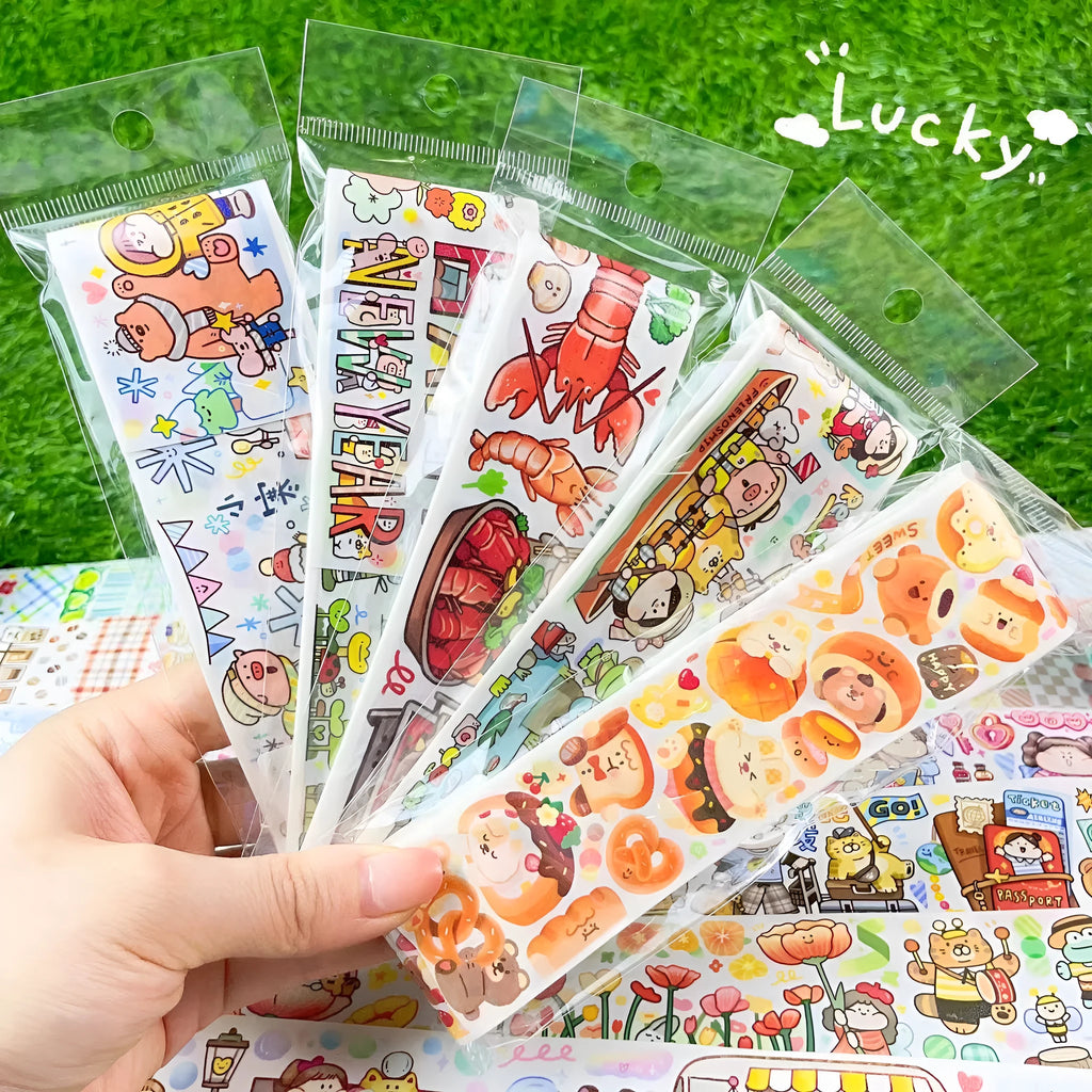 Sheet of cute cartoon character stickers with haemorrhoid tape packaging theme on Japanese paper.