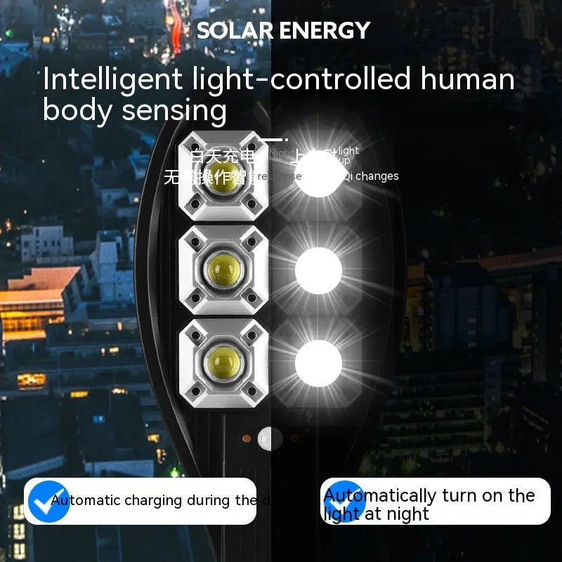 White six-eyed solar-powered outdoor garden lamp with remote control on a stand.