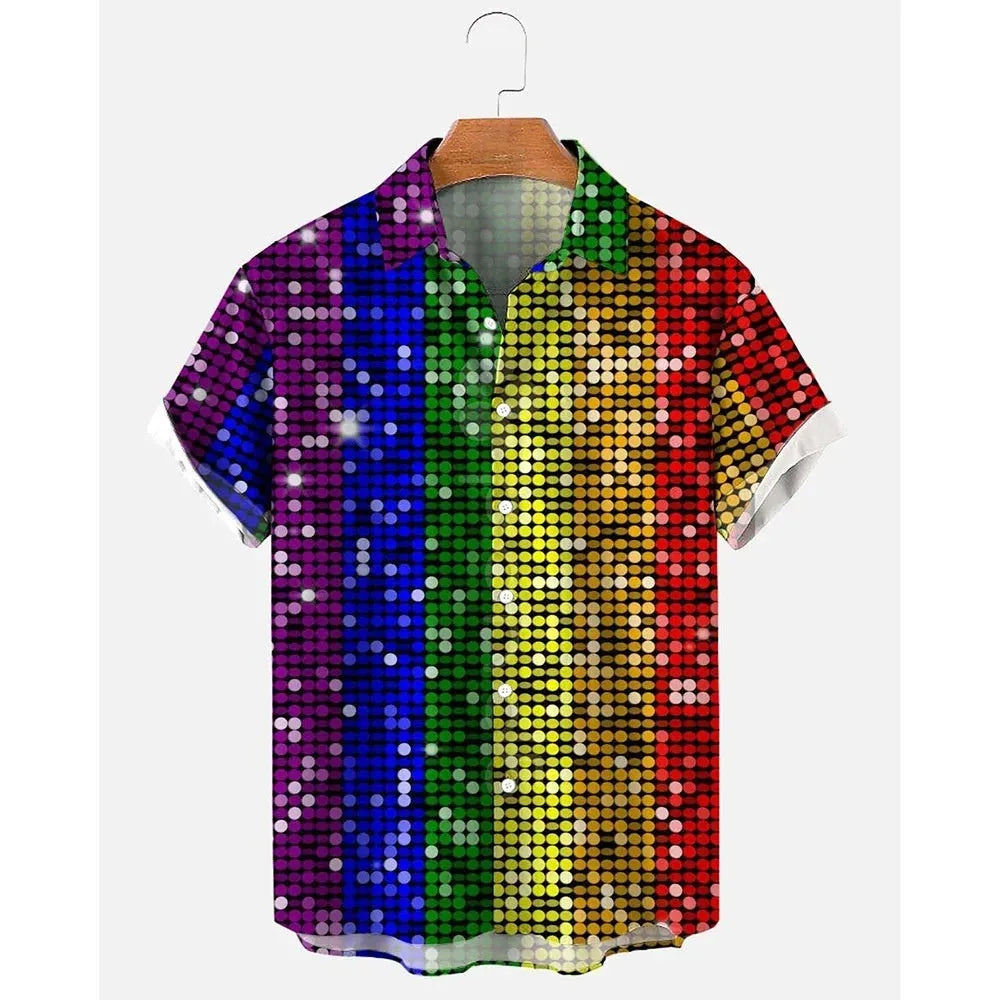 Men's striped Hawaiian short sleeve shirt with button front and elastic band construction