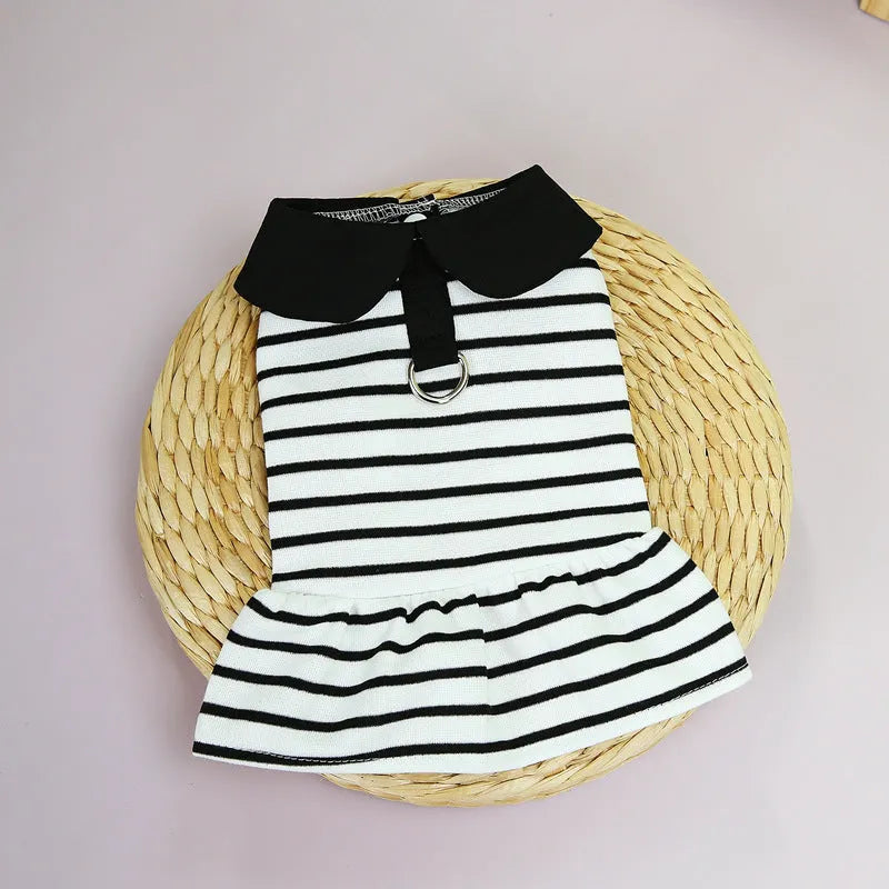 Pet dog wearing cotton stripes T-shirt and matching skirt summer outfit set