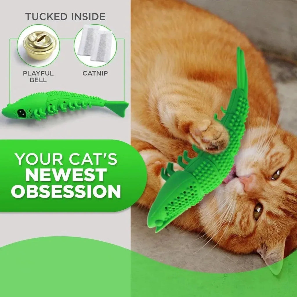 Blue hard rubber catnip toy with 360-degree toothbrush design for dental care and play.