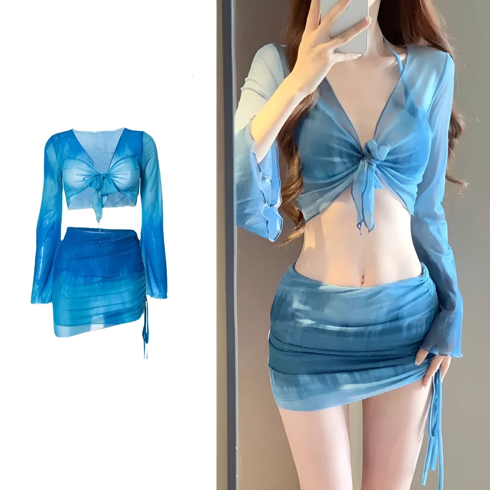 Blue high-waisted women's bikini set with matching shirt and skirt laid flat.