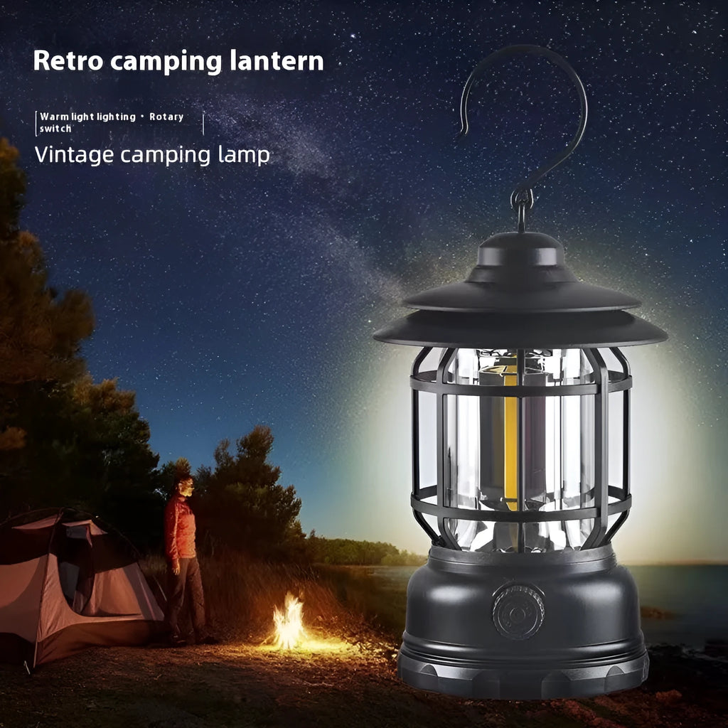 Portable camping lantern in dark green, black, or red colours showing compact 16.6cm size with battery or rechargeable power options