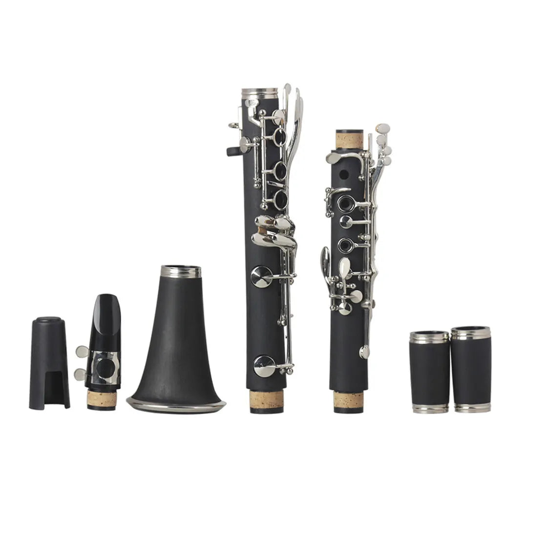 Black Bakelite beginner clarinet with nickel-plated keys beside its included carry bag