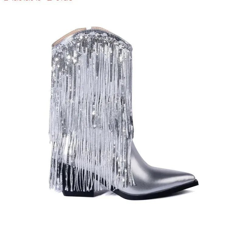 Women's black chunky heel tassel boots with a pointed toe and high stiletto heel.