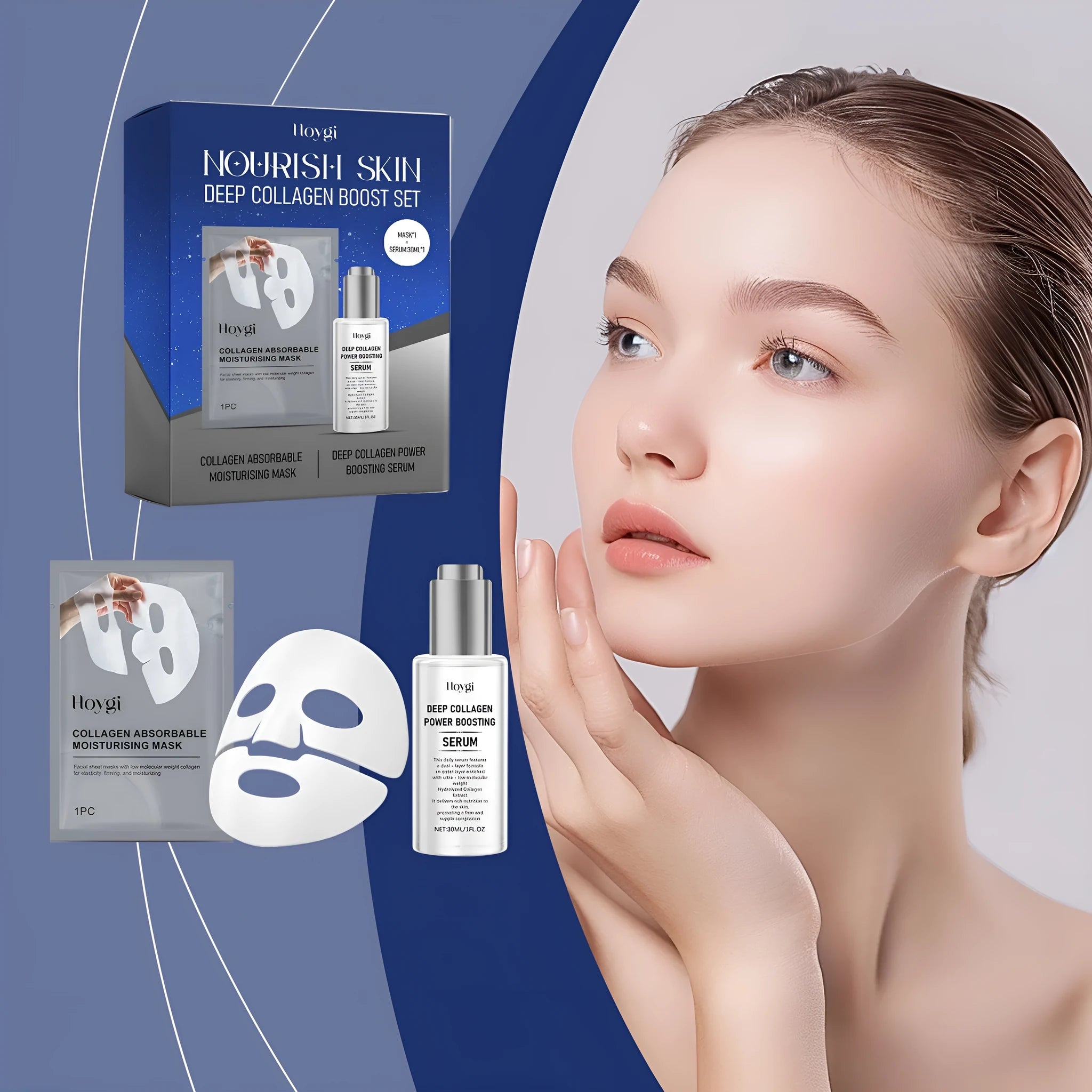 Collagen moisturising face mask and 30ML essence bottle skincare kit on white background