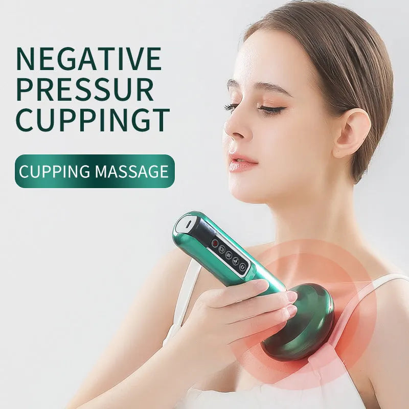 Green electric vacuum cupping and gua sha massager device with USB cable.