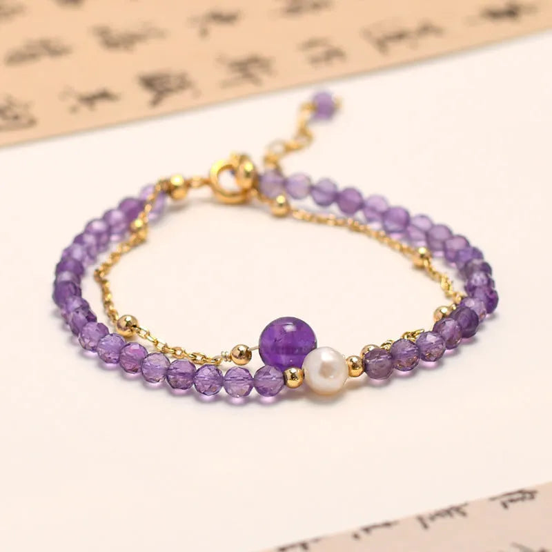 Purple amethyst crystal Chinese style women's bracelet with diamond-shaped centrepiece and electroplated metallic components