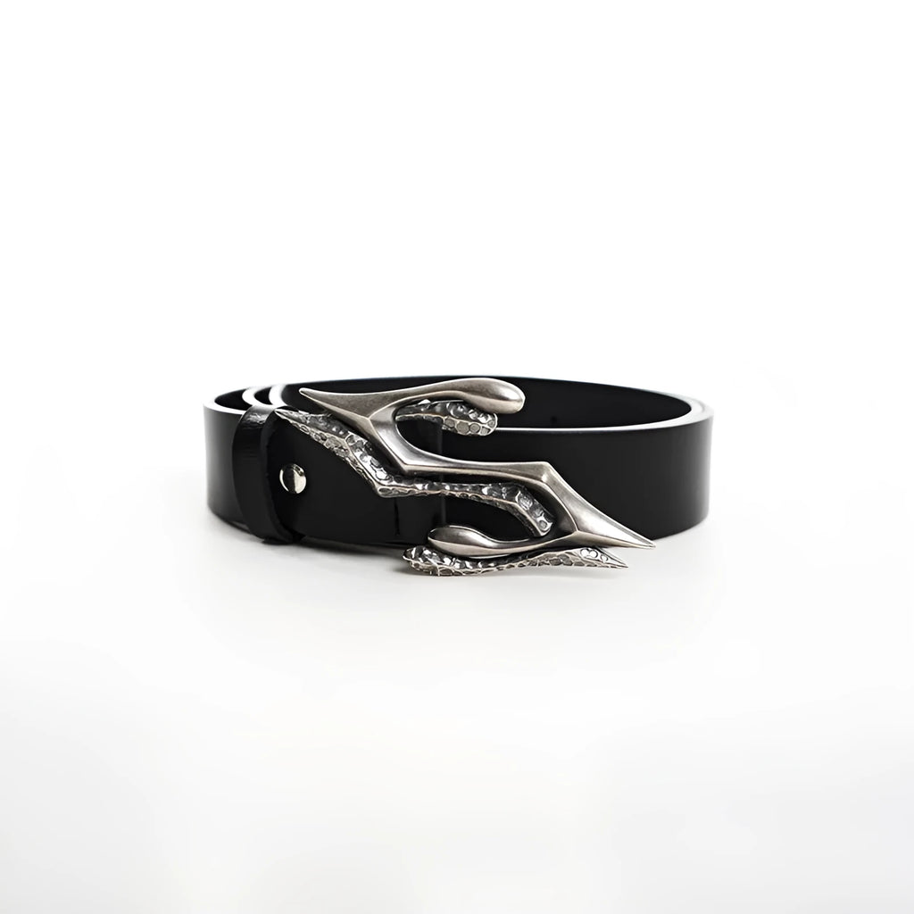 Men's black leather belt with metal letter buckle showing two-layer cowhide construction
