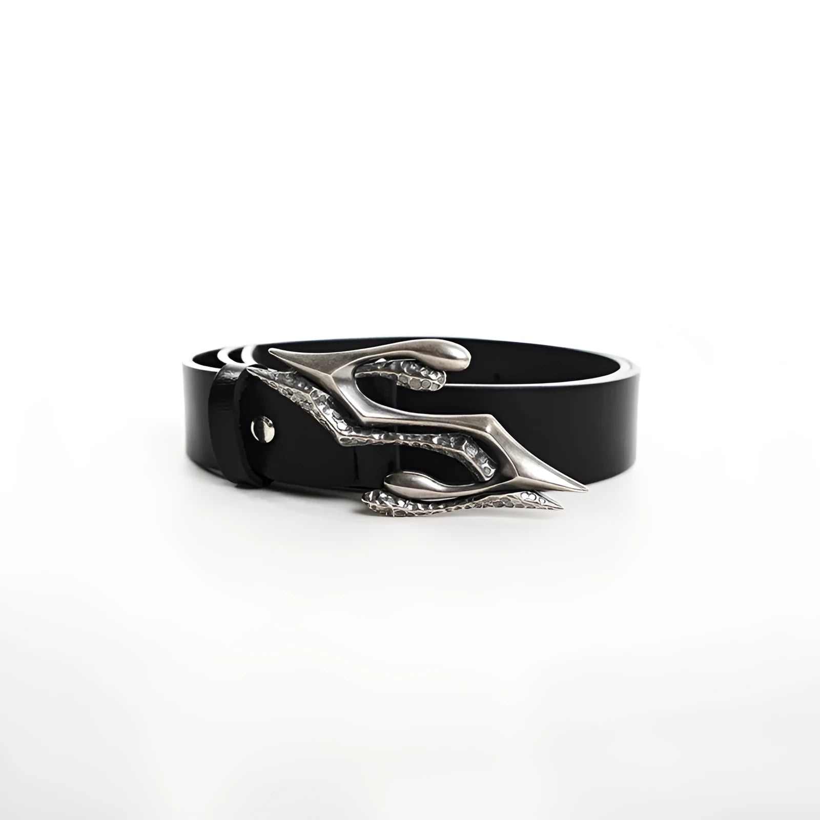 Men's black leather belt with metal letter buckle showing two-layer cowhide construction