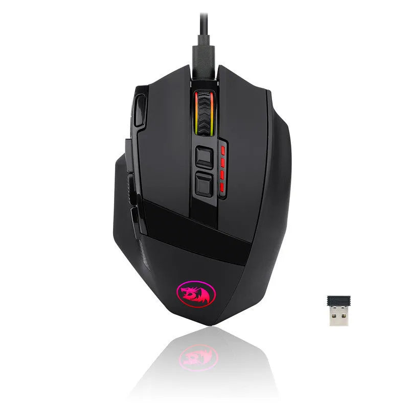 Black Redragon M801P dual mode wireless and wired gaming mouse with multiple buttons.