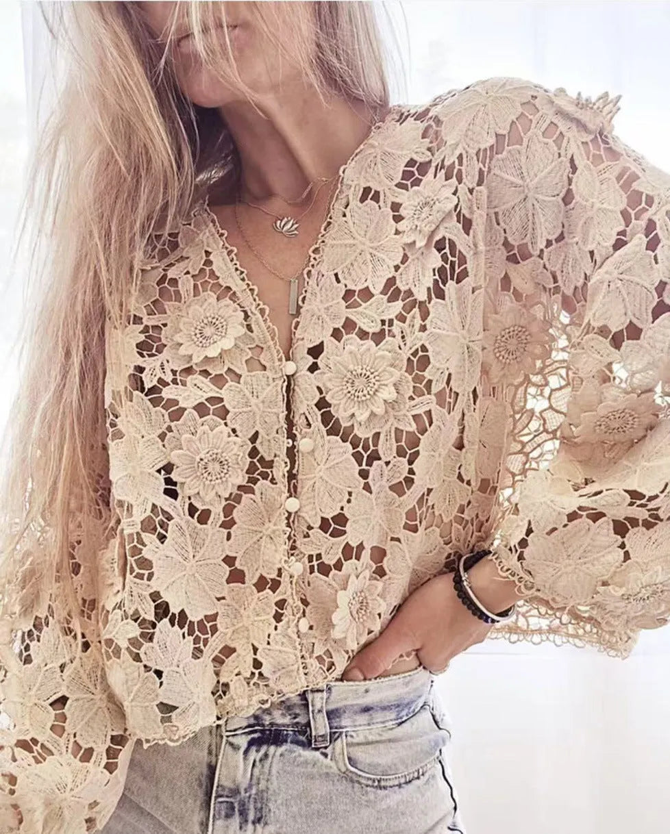 Lace cardigan with three-dimensional floral decoration and V-neck design