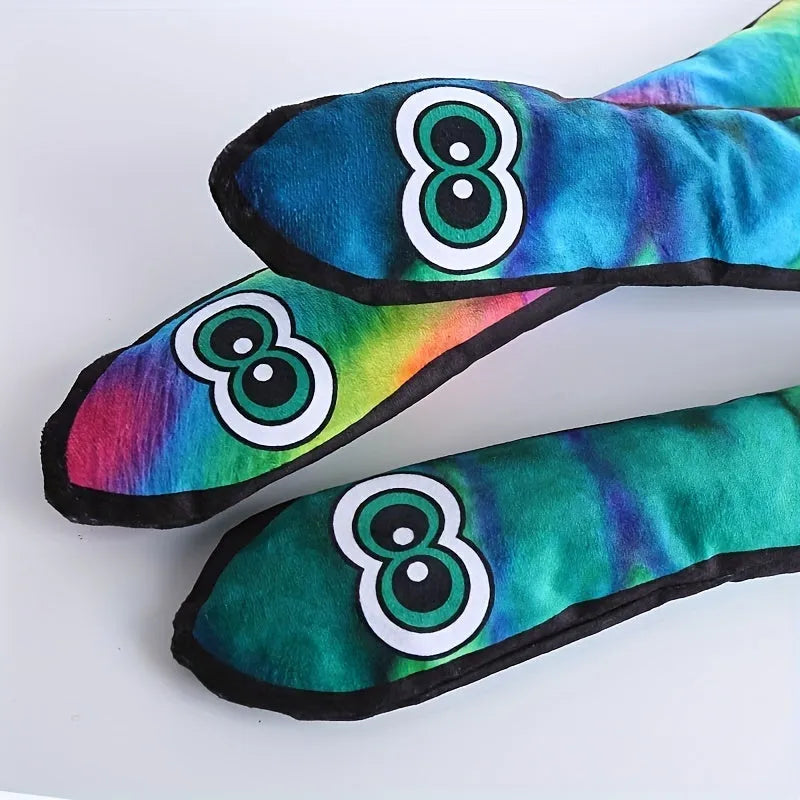 Snake shaped plush dog squeaky toy with blue and green stripe print design