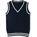 Women's slim-fit knitted V-neck waistcoat with striped stitching detail in dark blue.