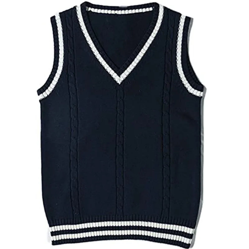 Women's slim-fit knitted V-neck waistcoat with striped stitching detail in dark blue.