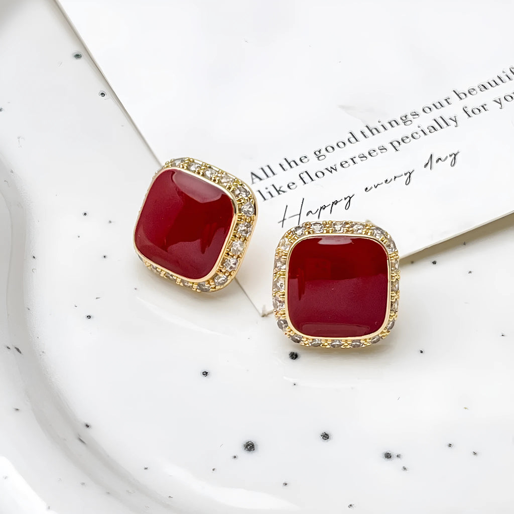 Red alloy geometric square earrings with a retro inlaid design for women