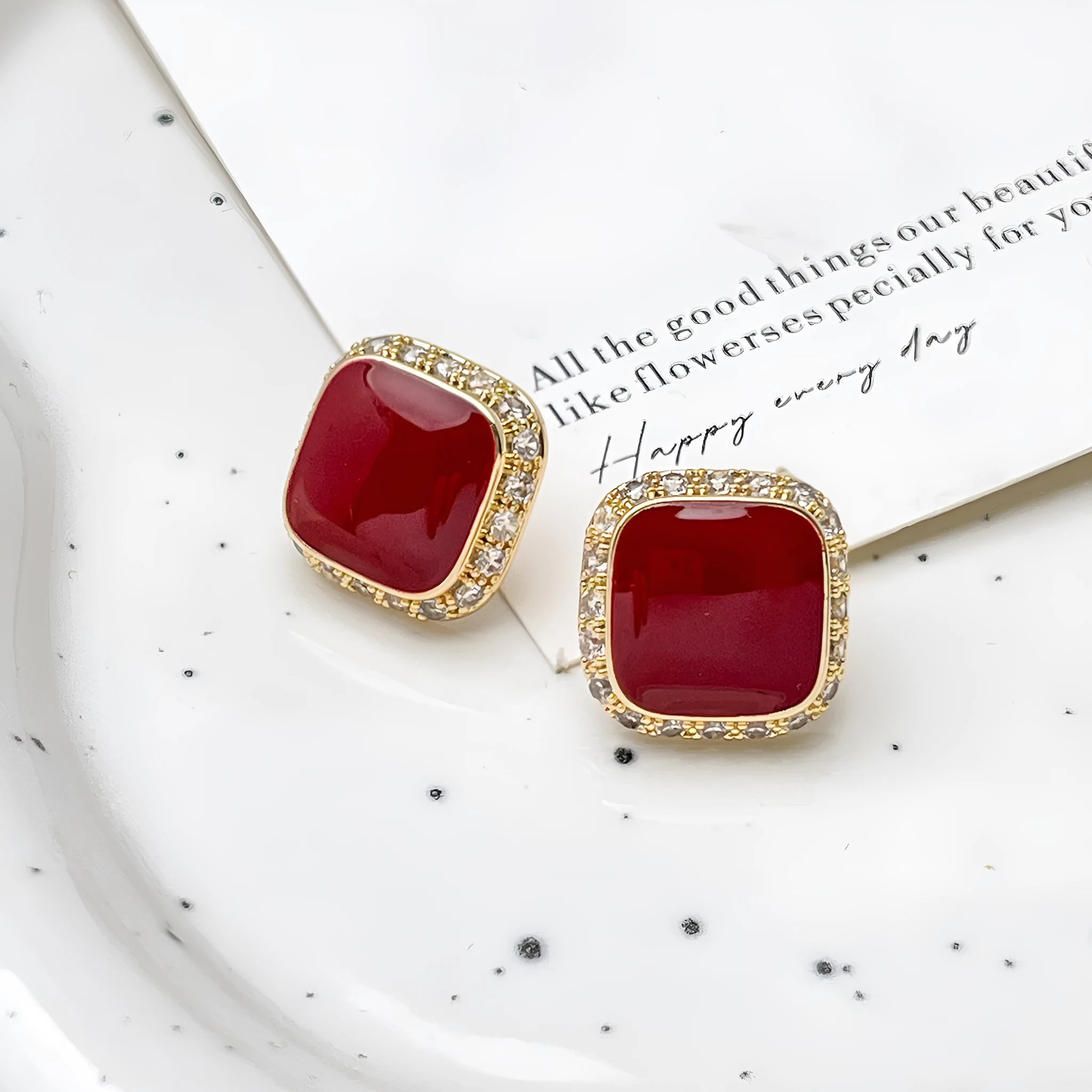 Red alloy geometric square earrings with a retro inlaid design for women