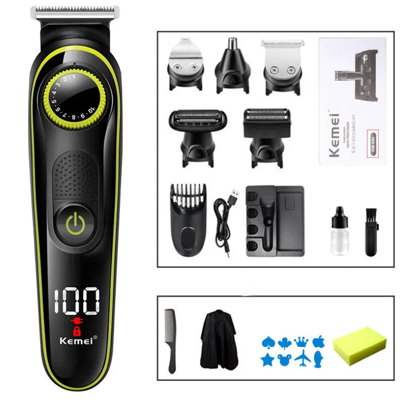 Black KM-696 rechargeable electric hair clipper with USB charging cable and cleaning brush