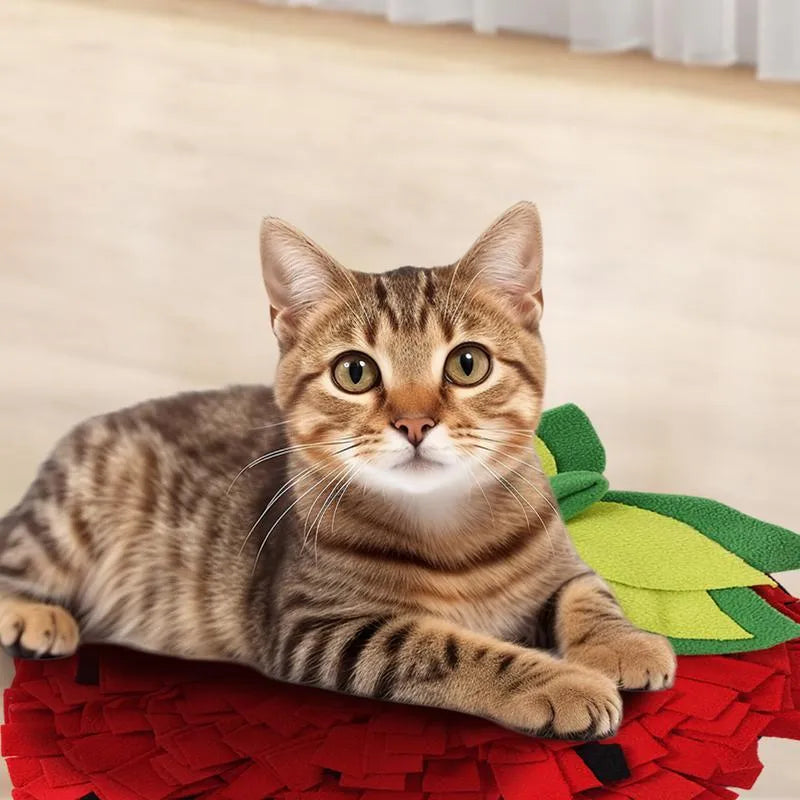 Red and green strawberry-shaped pet sniffing mat for dogs cats slow feeding forage activity