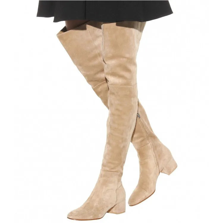 Grey suede women's flat over-the-knee boots with a pointed toe and thick low heel.