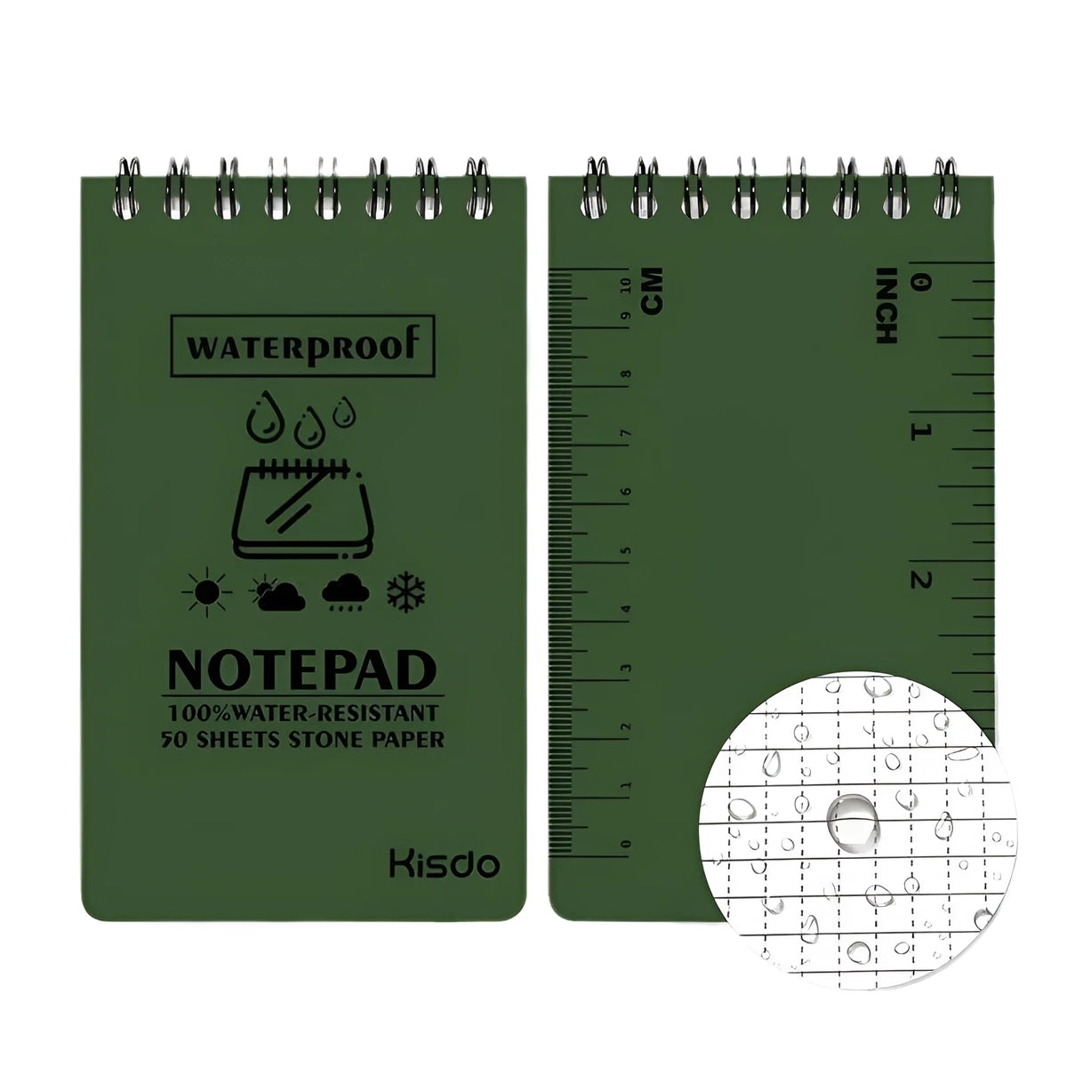 Spiral-bound waterproof office notepad showing PP cover and stone paper pages in camouflage colour option.