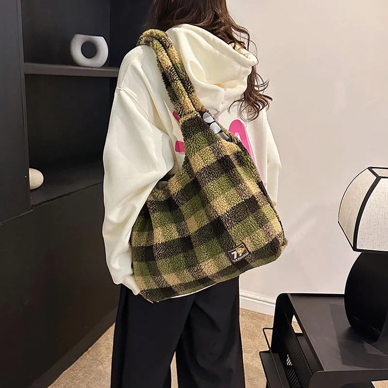 Women's plaid crossbody tote bag in Army Green with large capacity dimensions
