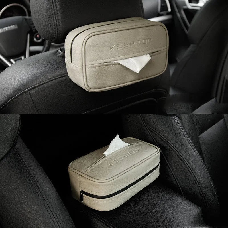 Black leather car hanging storage box with open top, shown next to a beige medium-sized version.