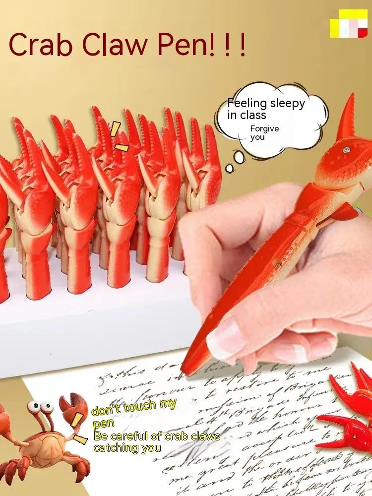Crab claw pressing ballpoint pen with removable crab toy clip on white background