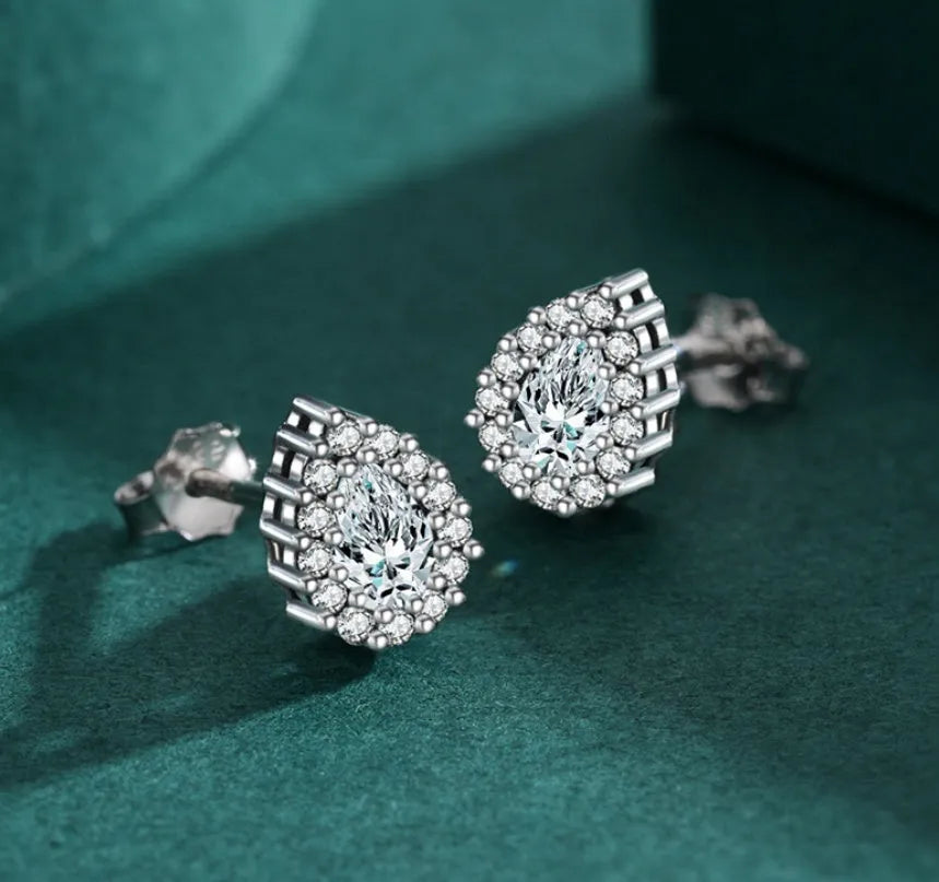 Women's 925 sterling silver water drop shape ear studs with diamond treatment