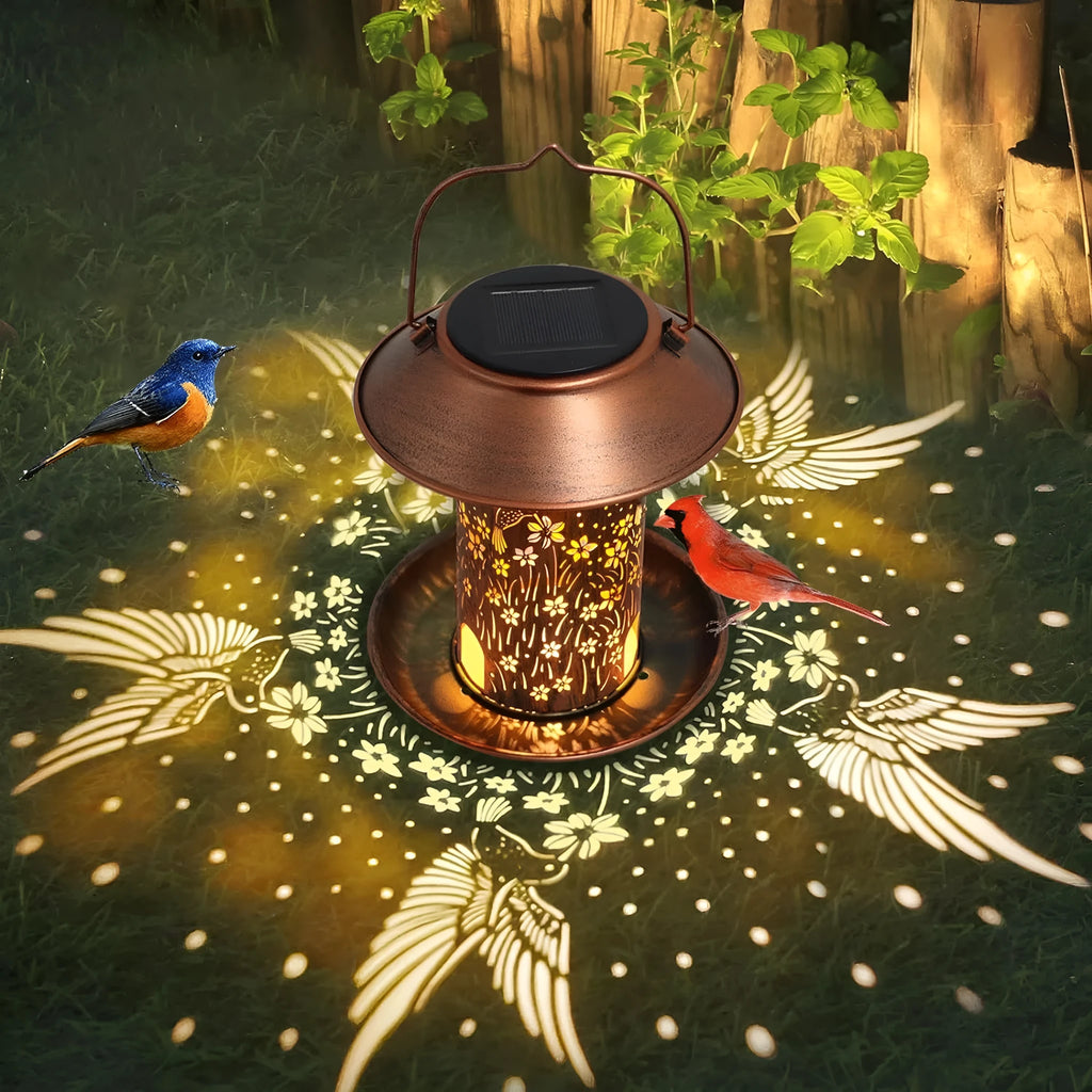Solar-powered iron art hummingbird pattern garden lamp feeder with waterproof outdoor design