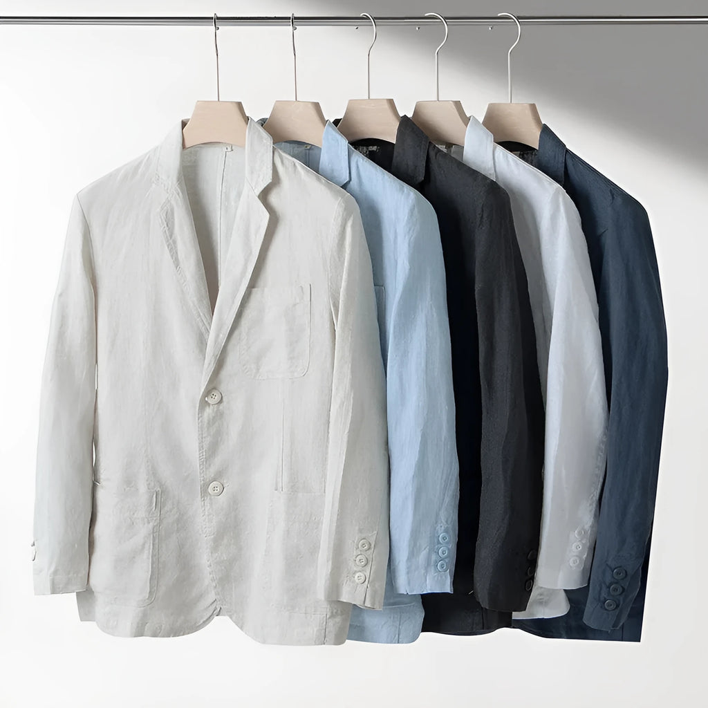Men's casual linen suit jacket in a solid colour on a hanger, showing long sleeves and loose fit.