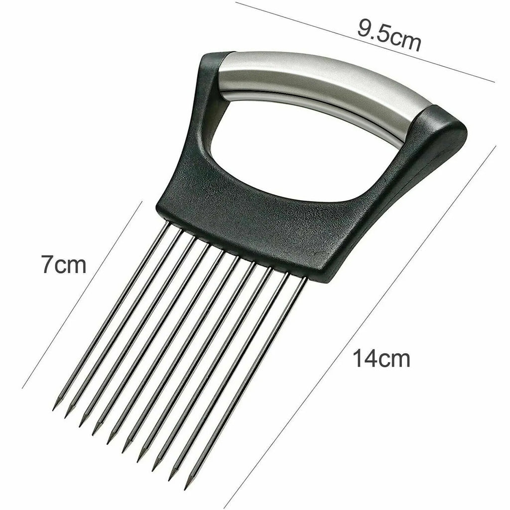 Stainless steel kitchen onion holder slicer with ABS handle measuring 14cm by 9.5cm