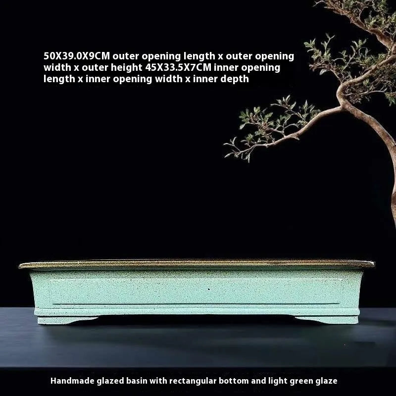 Green handmade ceramic bonsai flower pot with purple sand crackled glaze finish