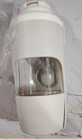 Grey portable 2-in-1 dog travel water bottle and feeder with detachable lanyard.