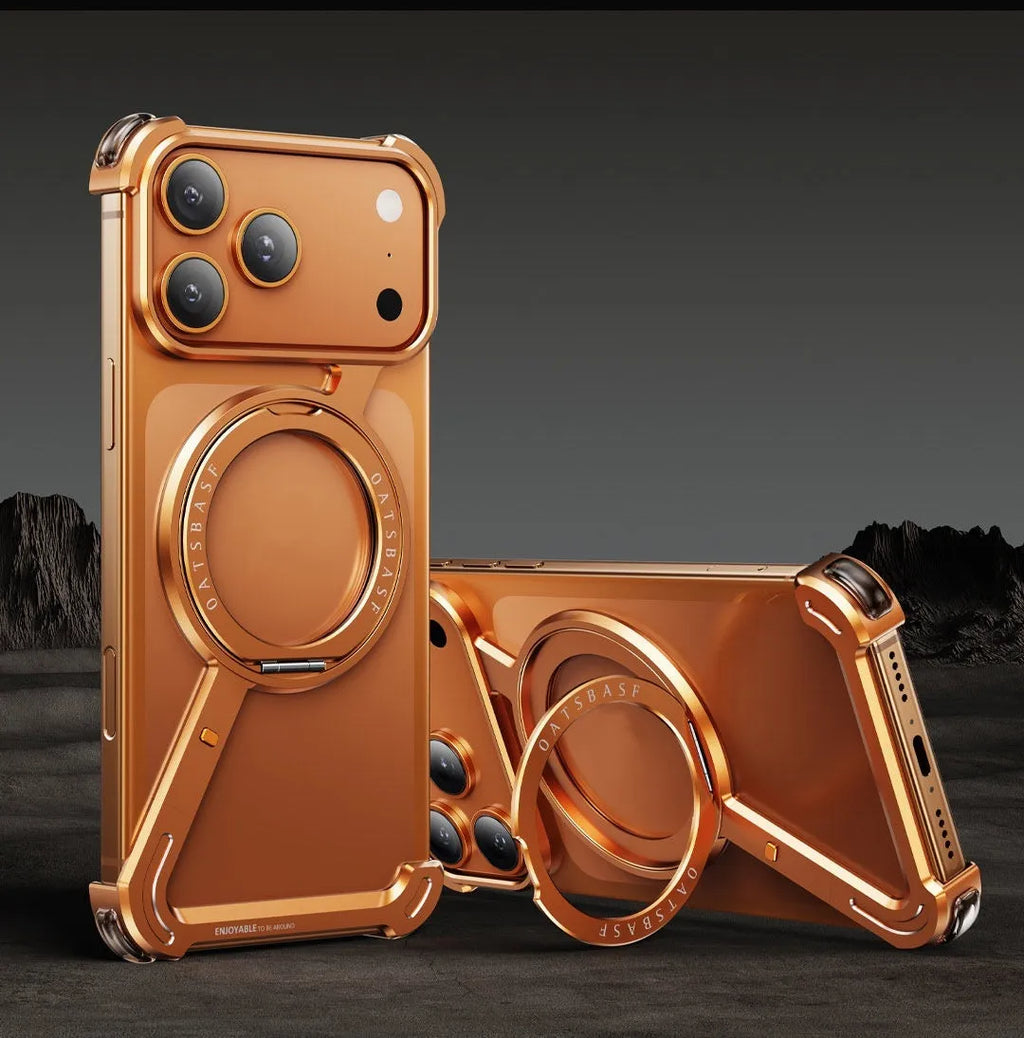 Black metal iPhone 17 Pro Max case with integrated magnetic bracket on the back.