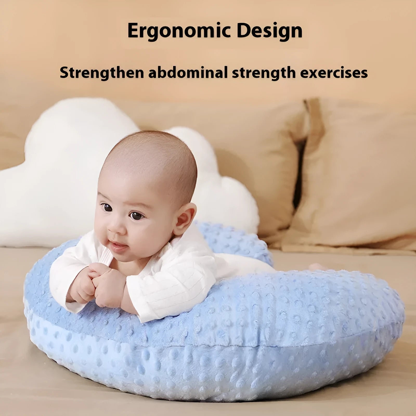 Multifunctional nursing pillow with milk spill prevention features in grey, light blue, pink and yellow colours