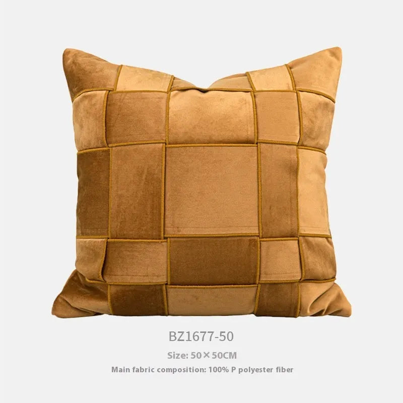 Square chenille woven cushion in beige, black, orange, reddish brown, green, coffee or taupe, 50cm size.