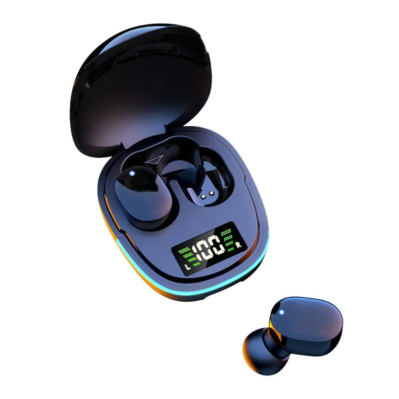 Black true wireless Bluetooth in-ear headphones with charging case showing digital battery display