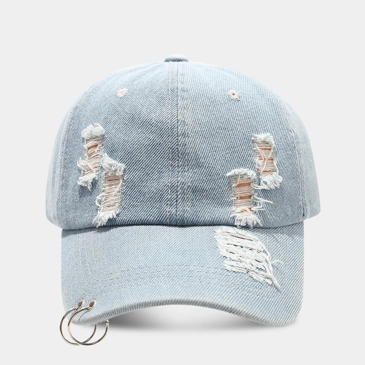 Men's adjustable black cotton denim baseball cap with a dome crown, shown on a grey background.