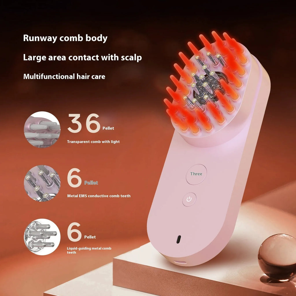 Smart massage comb with red light therapy function in black and pink colour options