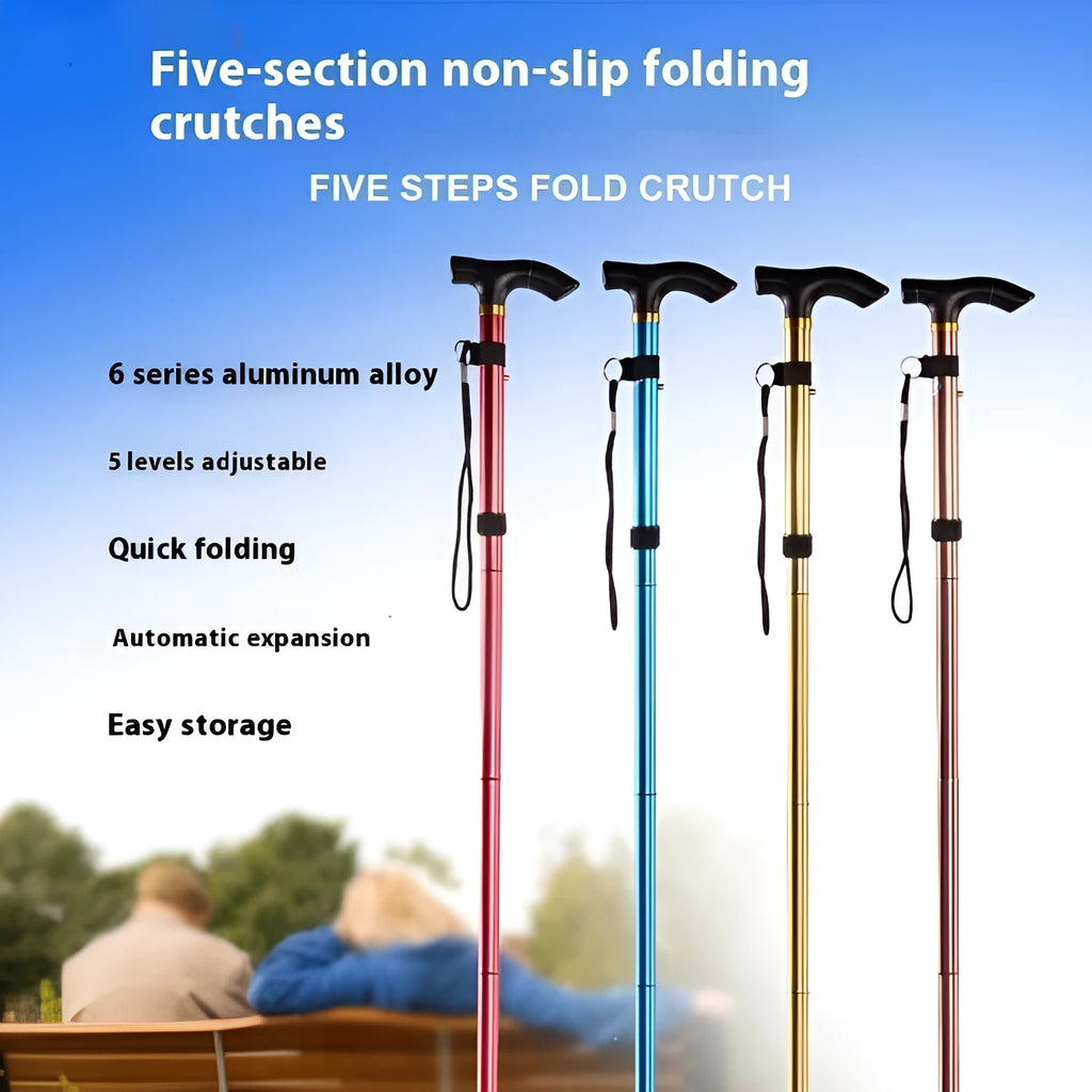 Aluminum alloy folding walking cane extended to show adjustable height mechanism and non-slip handle