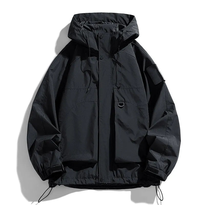 Men's black waterproof hooded jacket on a hanger, shown in a regular length with long sleeves.