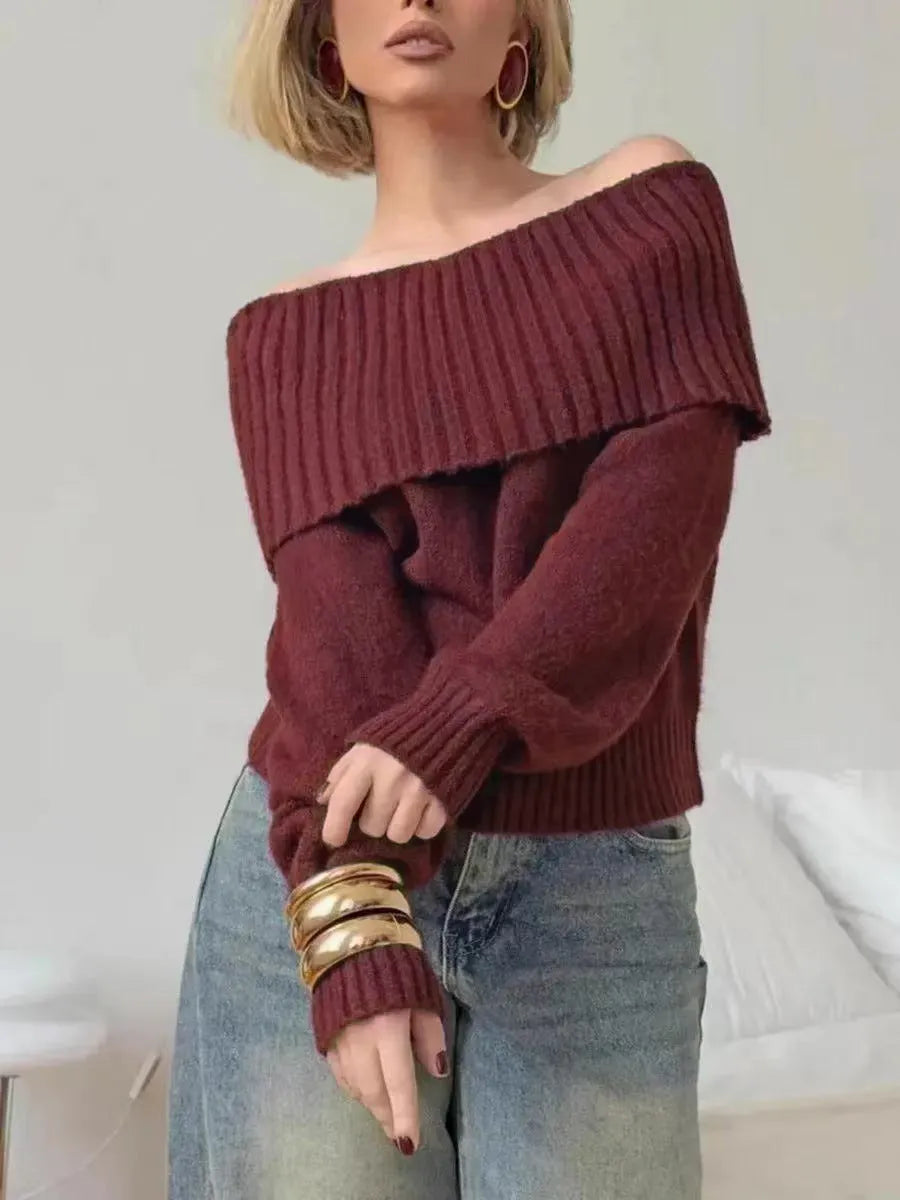 Grey off-the-shoulder sweater with 3D pattern, regular sleeves, and strapless neckline
