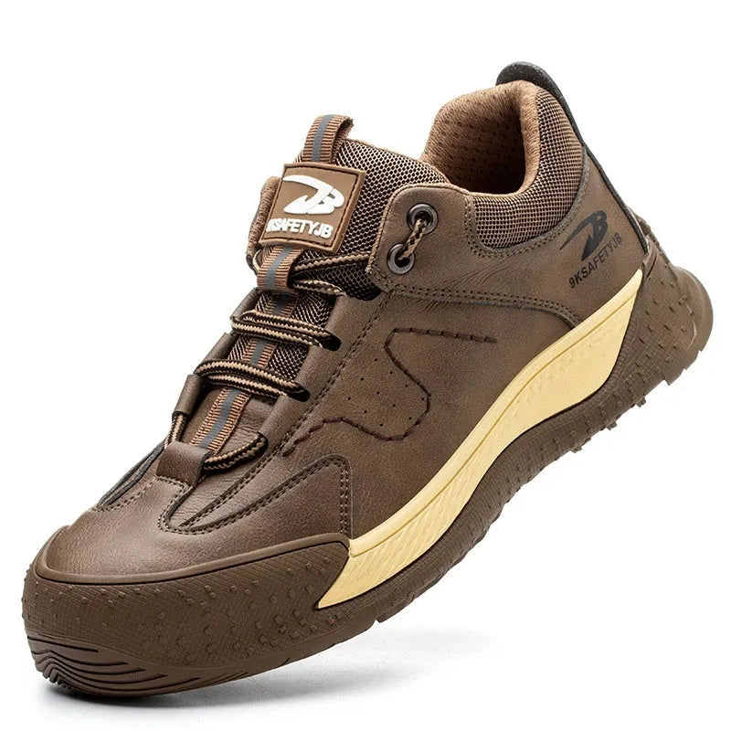 Flyknit leather work shoes with a rubber sole, shown in a choice of black, khaki, grey, or brown.